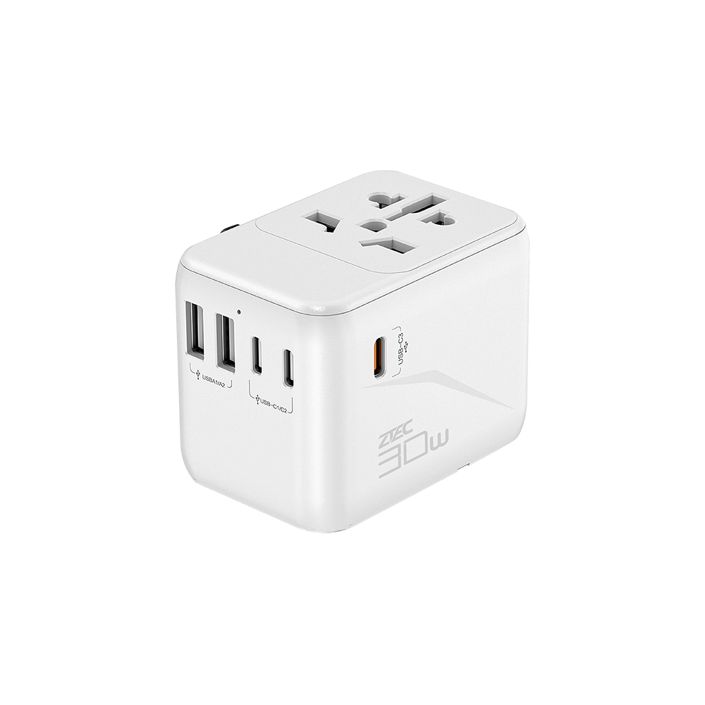 หัวแปลงปลั๊กไฟ พร้อมพอร์ตชาร์จในตัว ZTEC Travel Charger 30W สีขาว (รองรับกระแสไฟ 160 ประเทศทั่วโลก)